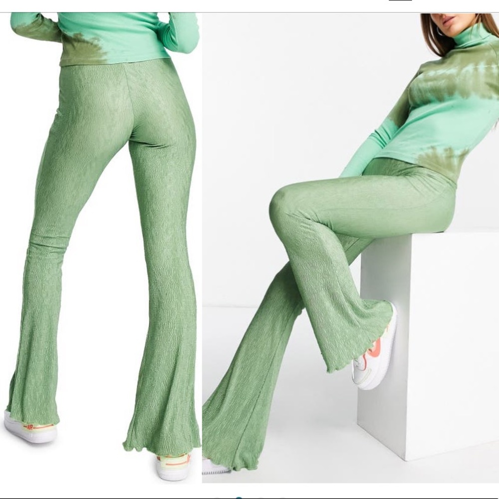 Topshop sage green crinkle bellbottom flared pants